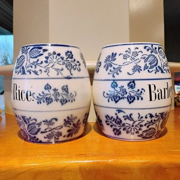 Vintage Germany Porcelain Blue Onion Rice & Barley Canisters No Lids Set of 2 - Picture 3 of 9